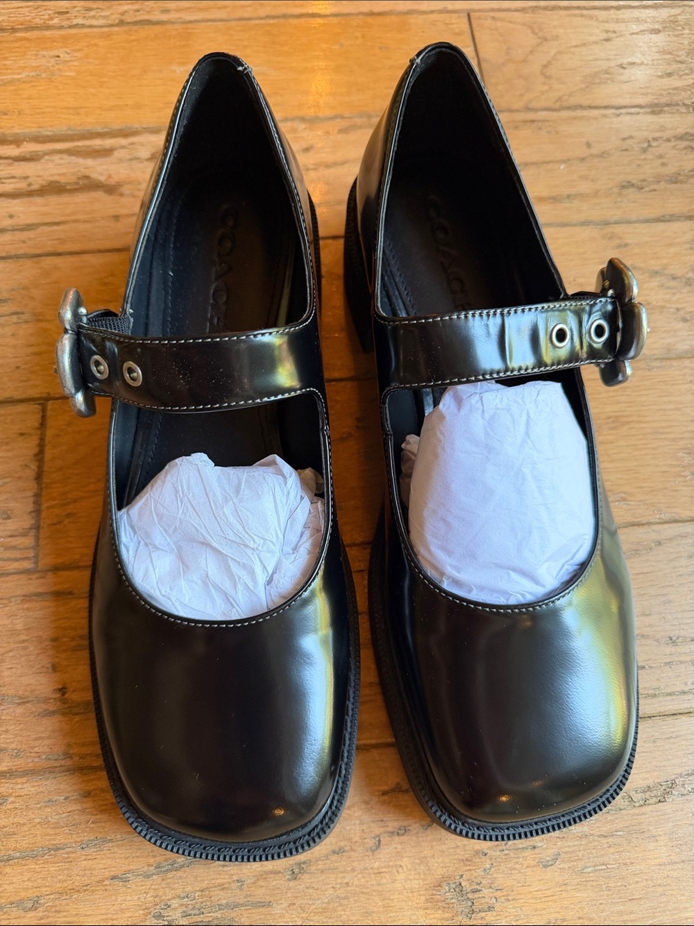 COACH Black Patent Mary Jane Flats with Buckle Strap